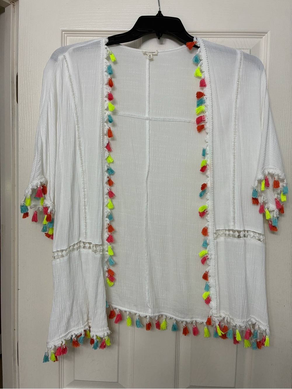 En Creme White Open-Front Tassel Cardigan with Multicolor Tassels